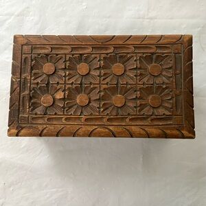 Antique Handcrafted Carved Wooden Box with Floral Design